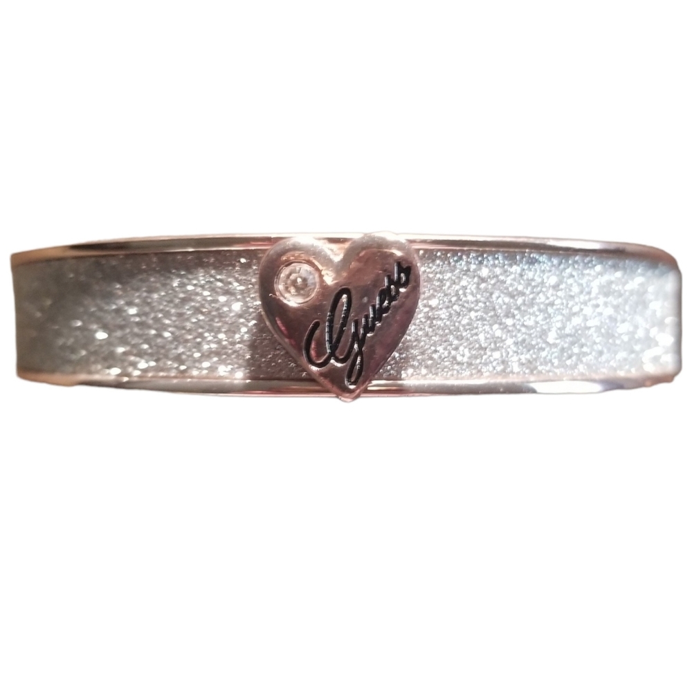 Guess Rose Gold-tone Glitter Bangle Style Bracelet with Heart Logo